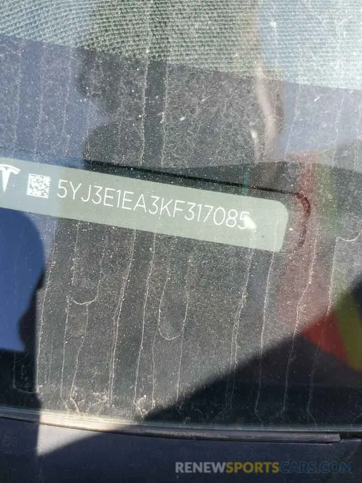 12 Photograph of a damaged car 5YJ3E1EA3KF317085 TESLA MODEL 3 2019