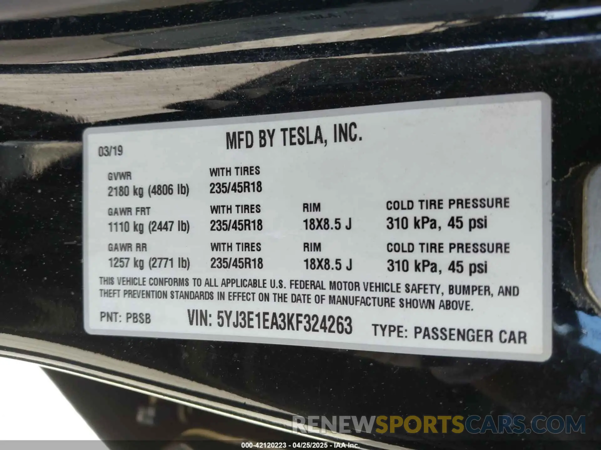 9 Photograph of a damaged car 5YJ3E1EA3KF324263 TESLA MODEL 3 2019