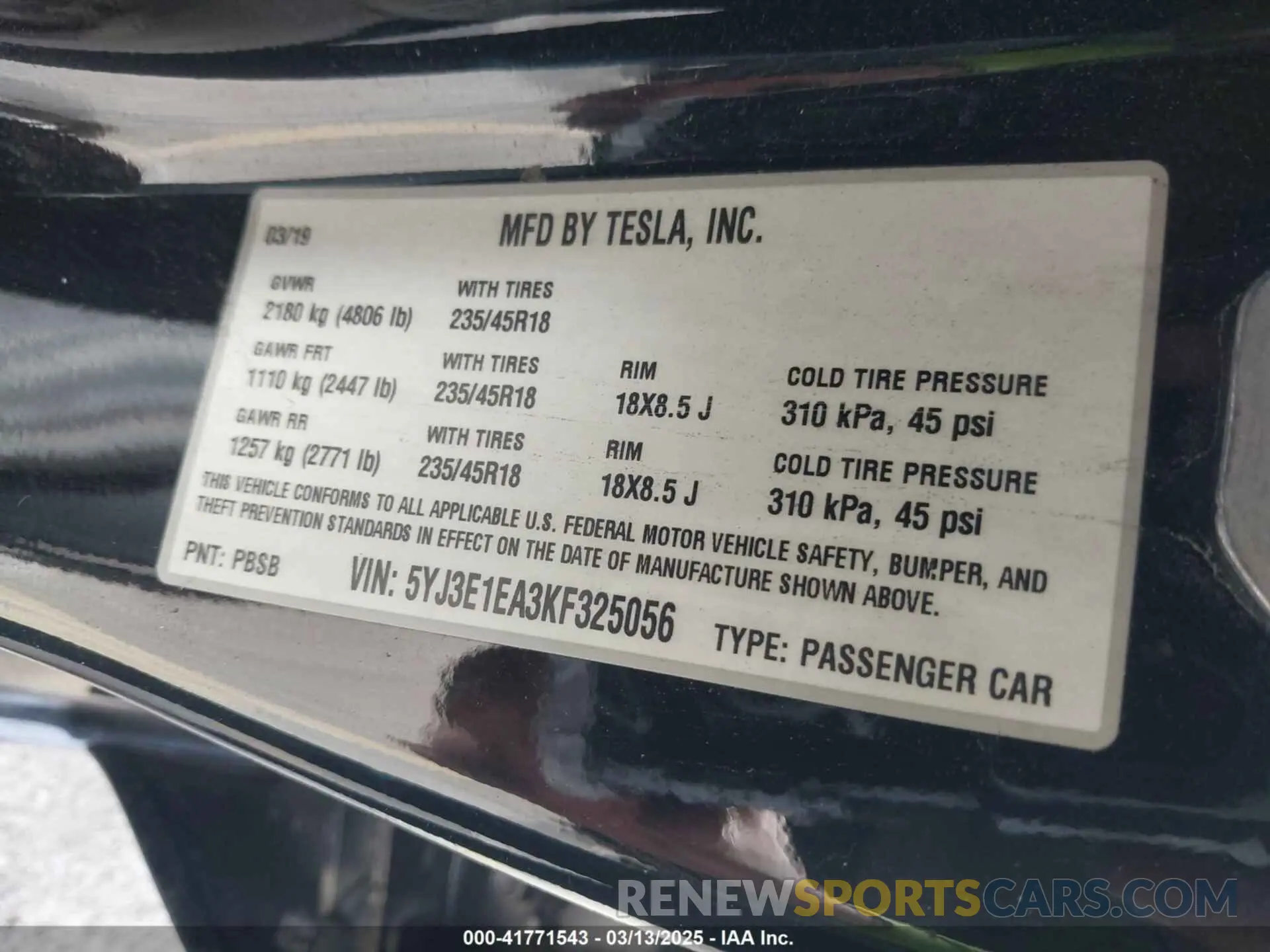 9 Photograph of a damaged car 5YJ3E1EA3KF325056 TESLA MODEL 3 2019