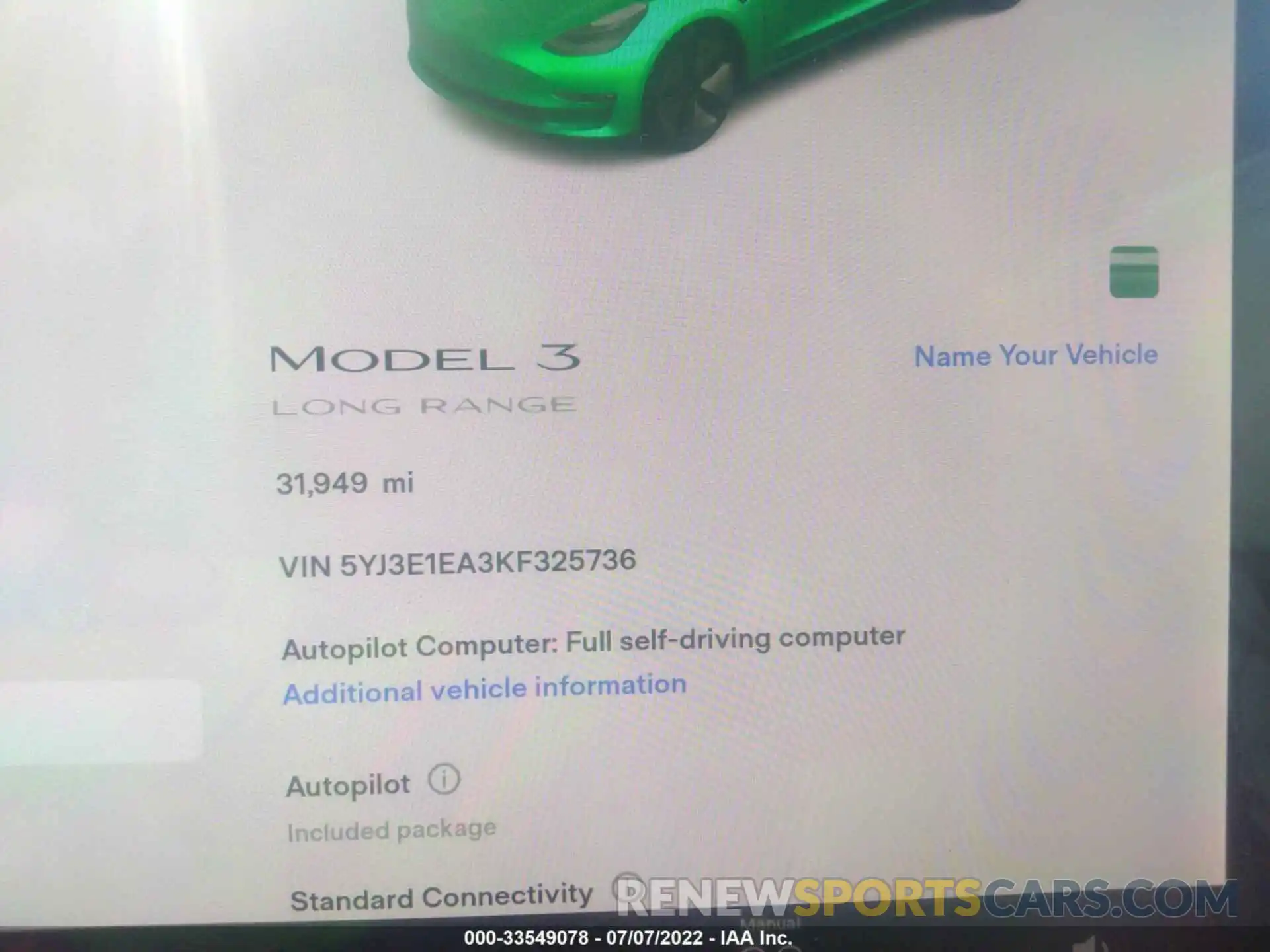 7 Photograph of a damaged car 5YJ3E1EA3KF325736 TESLA MODEL 3 2019