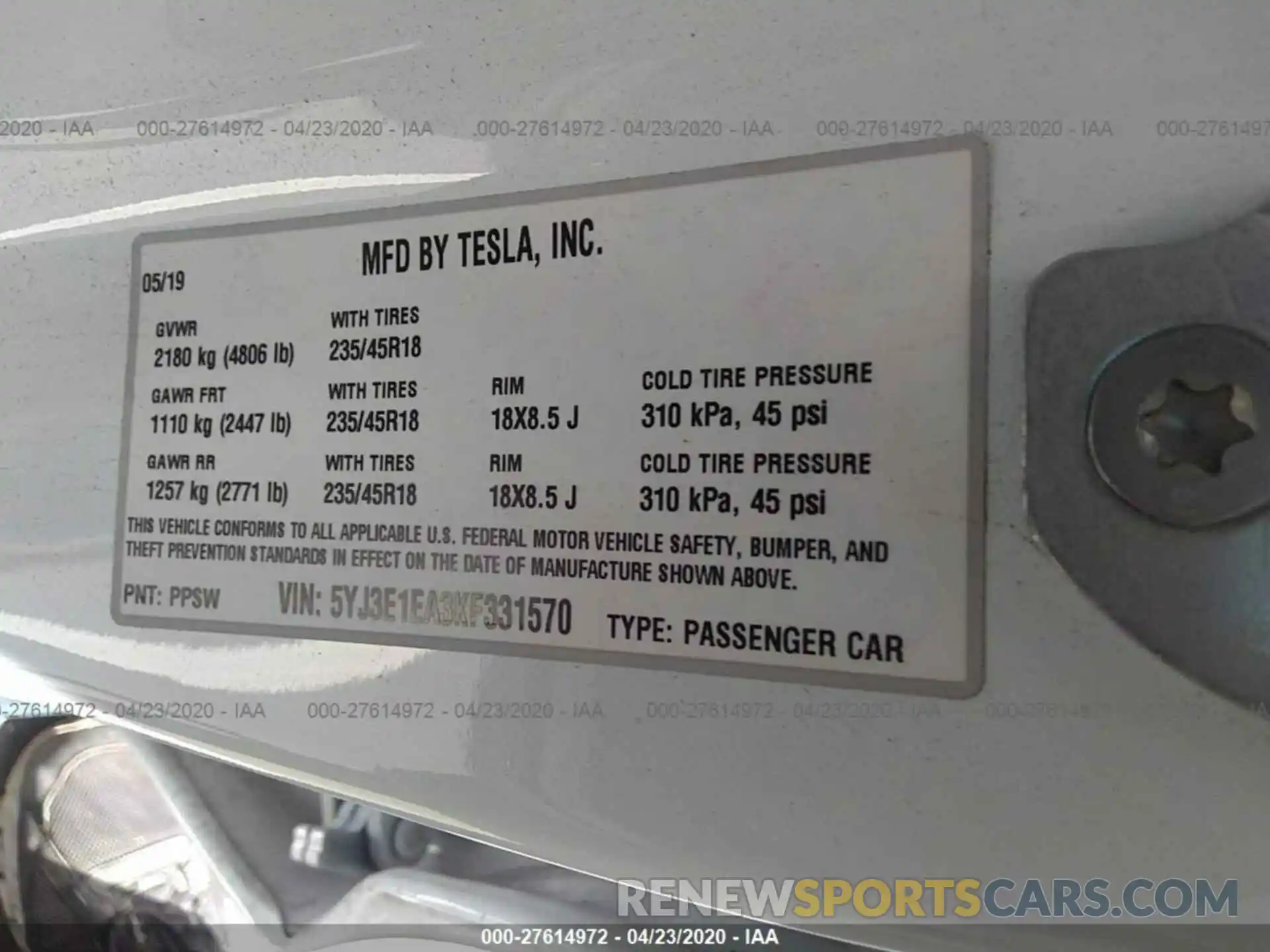 9 Photograph of a damaged car 5YJ3E1EA3KF331570 TESLA MODEL 3 2019