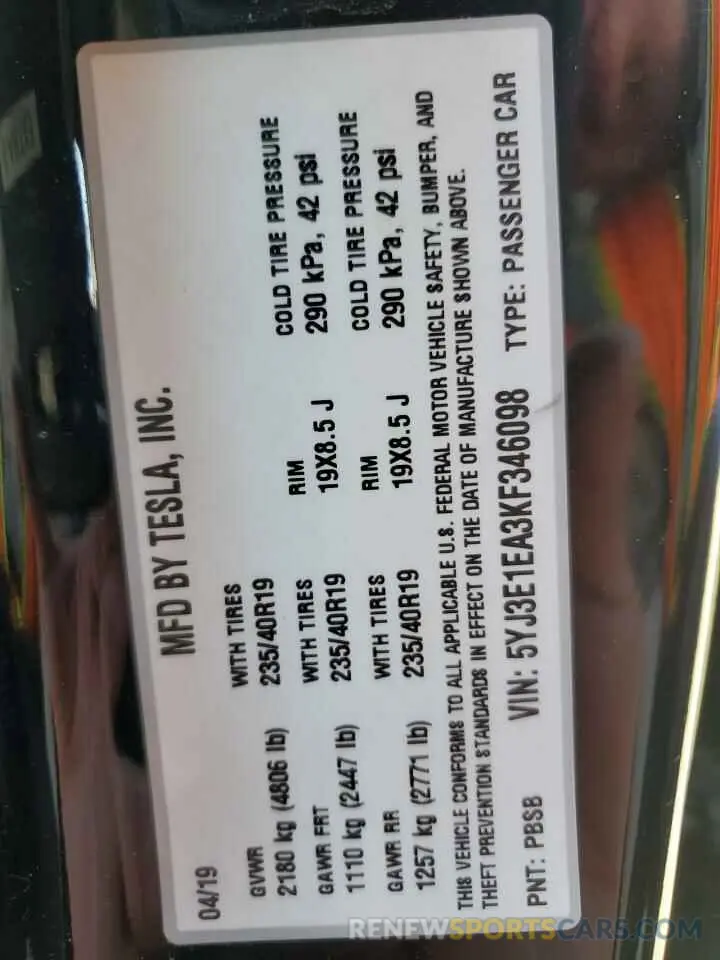 14 Photograph of a damaged car 5YJ3E1EA3KF346098 TESLA MODEL 3 2019