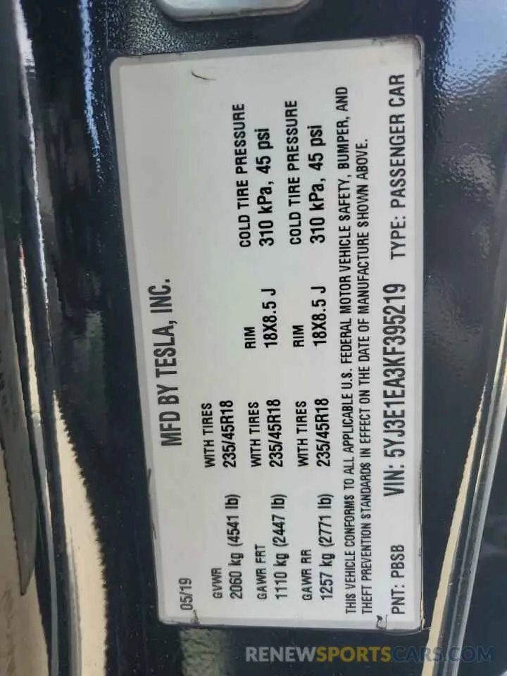 12 Photograph of a damaged car 5YJ3E1EA3KF395219 TESLA MODEL 3 2019
