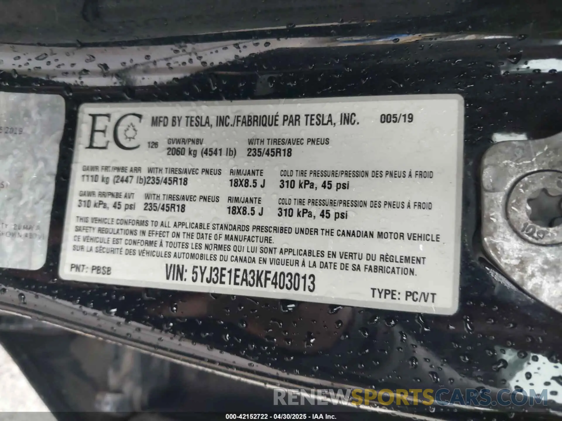 9 Photograph of a damaged car 5YJ3E1EA3KF403013 TESLA MODEL 3 2019