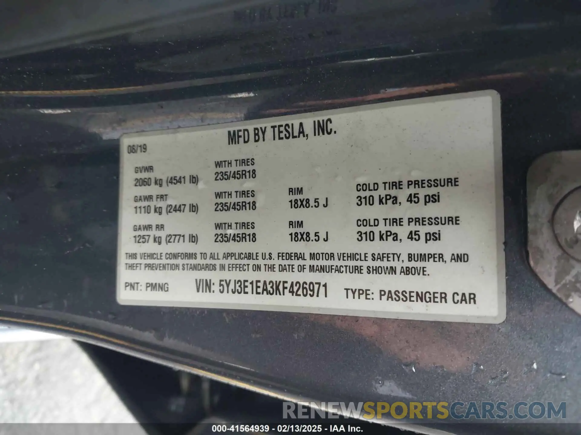 9 Photograph of a damaged car 5YJ3E1EA3KF426971 TESLA MODEL 3 2019