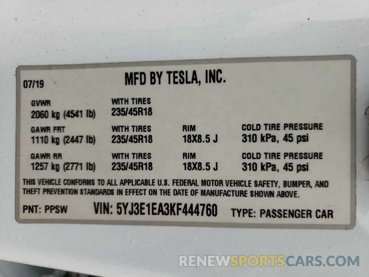 13 Photograph of a damaged car 5YJ3E1EA3KF444760 TESLA MODEL 3 2019