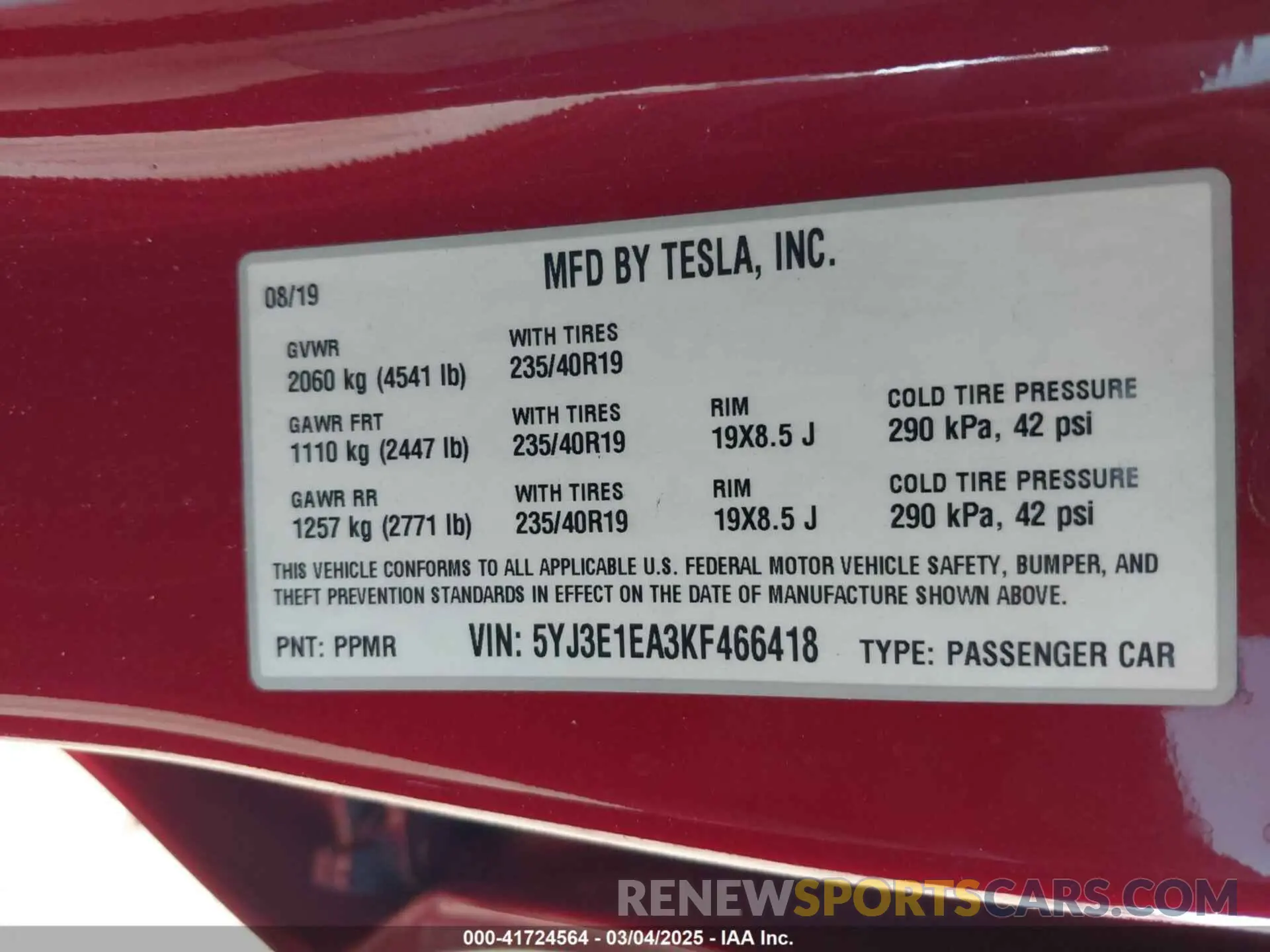9 Photograph of a damaged car 5YJ3E1EA3KF466418 TESLA MODEL 3 2019
