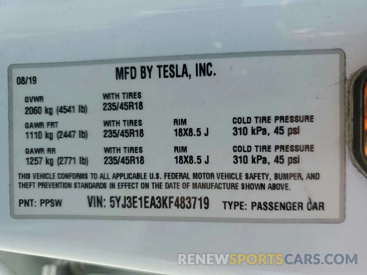 12 Photograph of a damaged car 5YJ3E1EA3KF483719 TESLA MODEL 3 2019