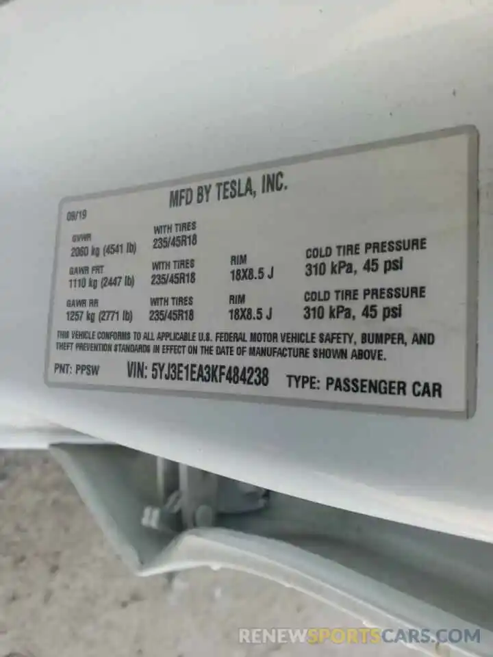 10 Photograph of a damaged car 5YJ3E1EA3KF484238 TESLA MODEL 3 2019