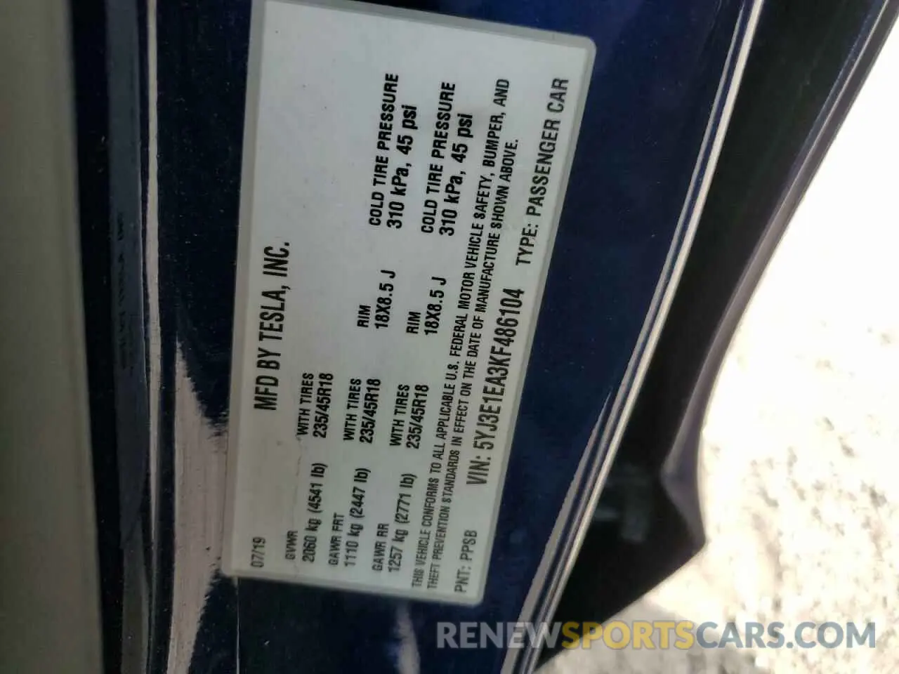 12 Photograph of a damaged car 5YJ3E1EA3KF486104 TESLA MODEL 3 2019