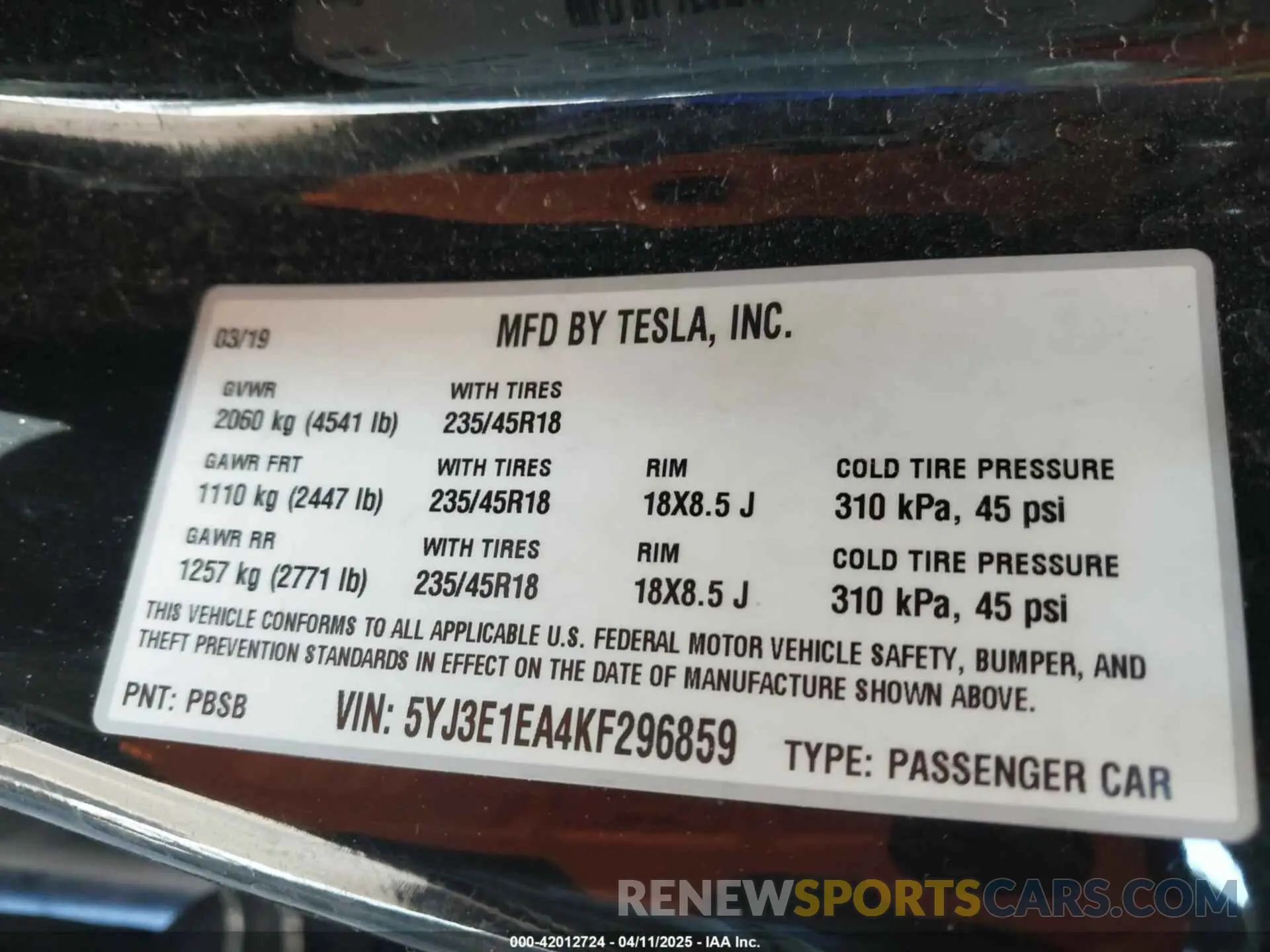 9 Photograph of a damaged car 5YJ3E1EA4KF296859 TESLA MODEL 3 2019
