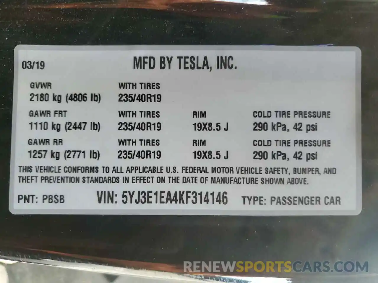 12 Photograph of a damaged car 5YJ3E1EA4KF314146 TESLA MODEL 3 2019