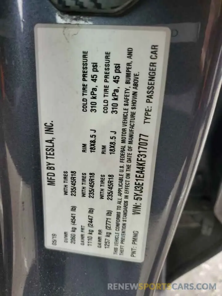 12 Photograph of a damaged car 5YJ3E1EA4KF317077 TESLA MODEL 3 2019