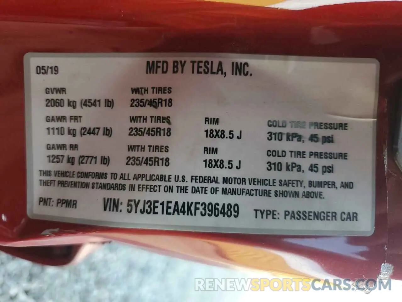 12 Photograph of a damaged car 5YJ3E1EA4KF396489 TESLA MODEL 3 2019
