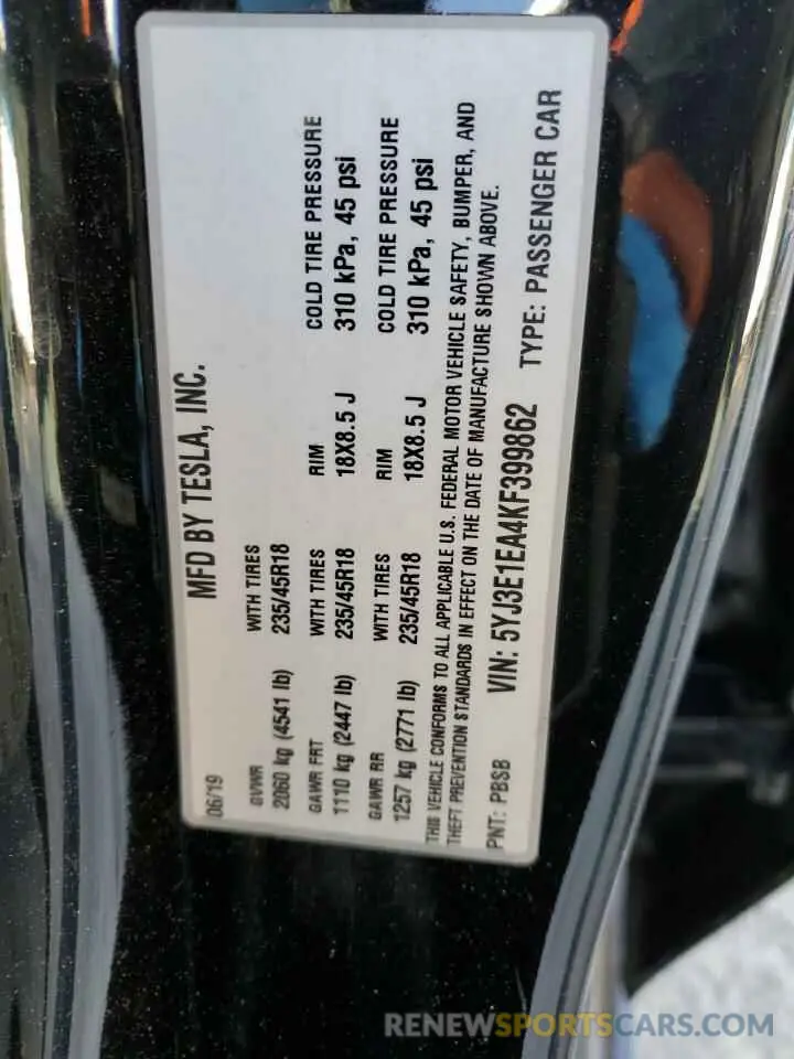 12 Photograph of a damaged car 5YJ3E1EA4KF399862 TESLA MODEL 3 2019