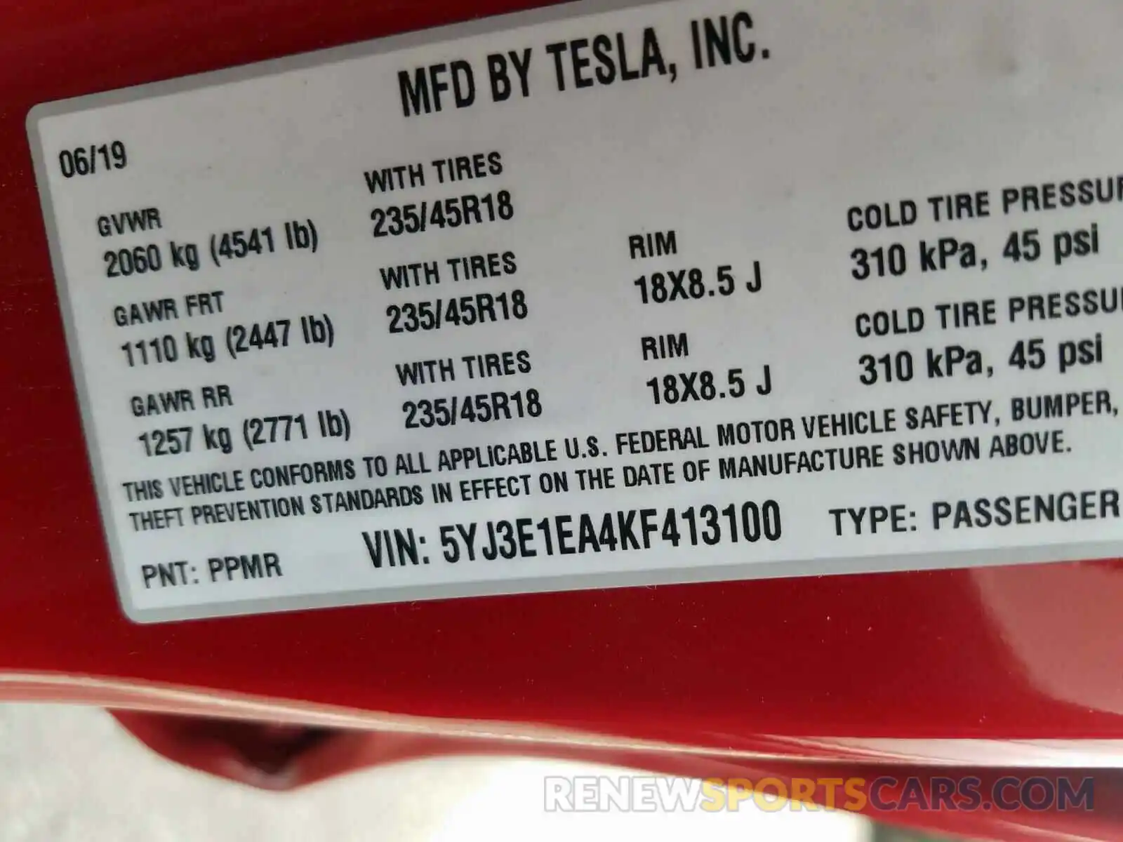 10 Photograph of a damaged car 5YJ3E1EA4KF413100 TESLA MODEL 3 2019