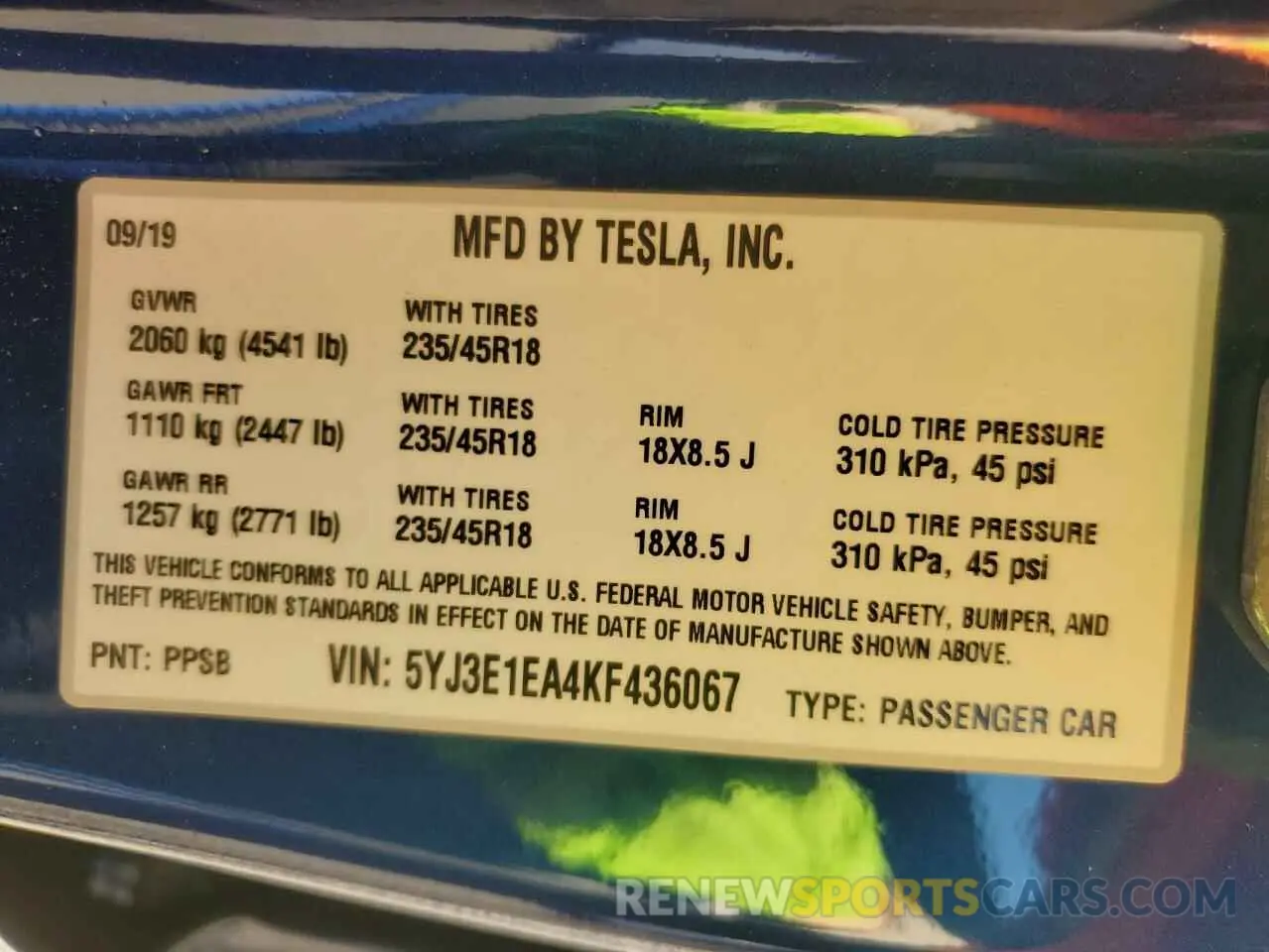 12 Photograph of a damaged car 5YJ3E1EA4KF436067 TESLA MODEL 3 2019