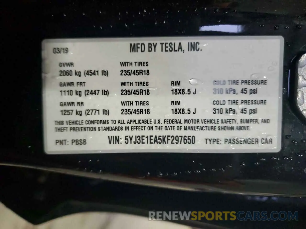 12 Photograph of a damaged car 5YJ3E1EA5KF297650 TESLA MODEL 3 2019
