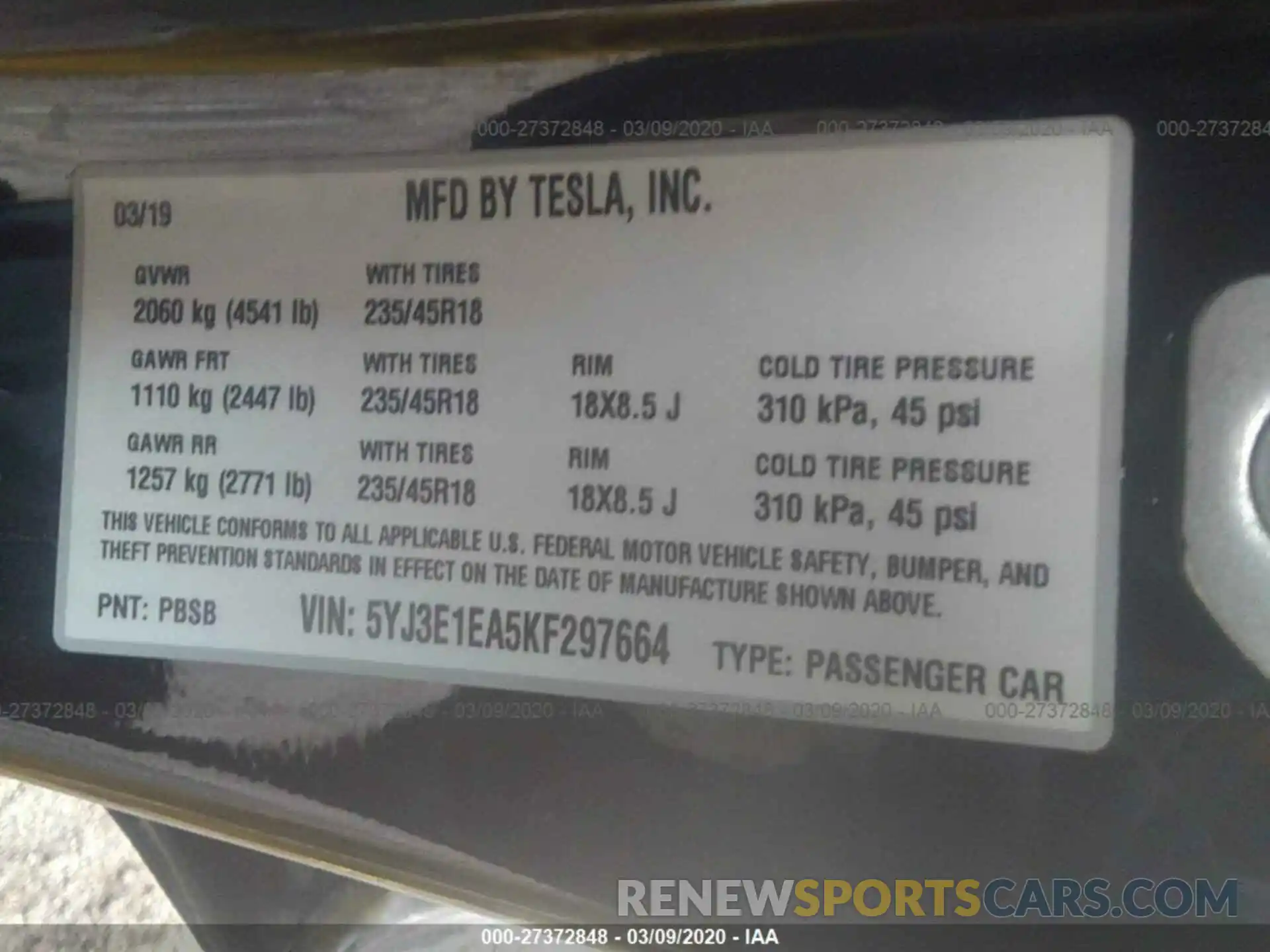 9 Photograph of a damaged car 5YJ3E1EA5KF297664 TESLA MODEL 3 2019