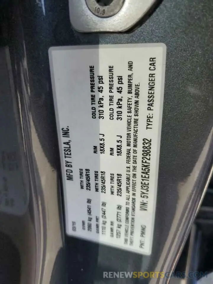 12 Photograph of a damaged car 5YJ3E1EA5KF298832 TESLA MODEL 3 2019