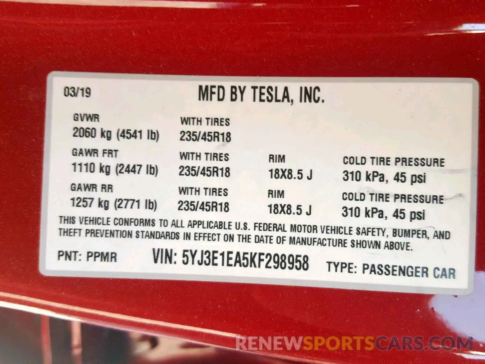 10 Photograph of a damaged car 5YJ3E1EA5KF298958 TESLA MODEL 3 2019