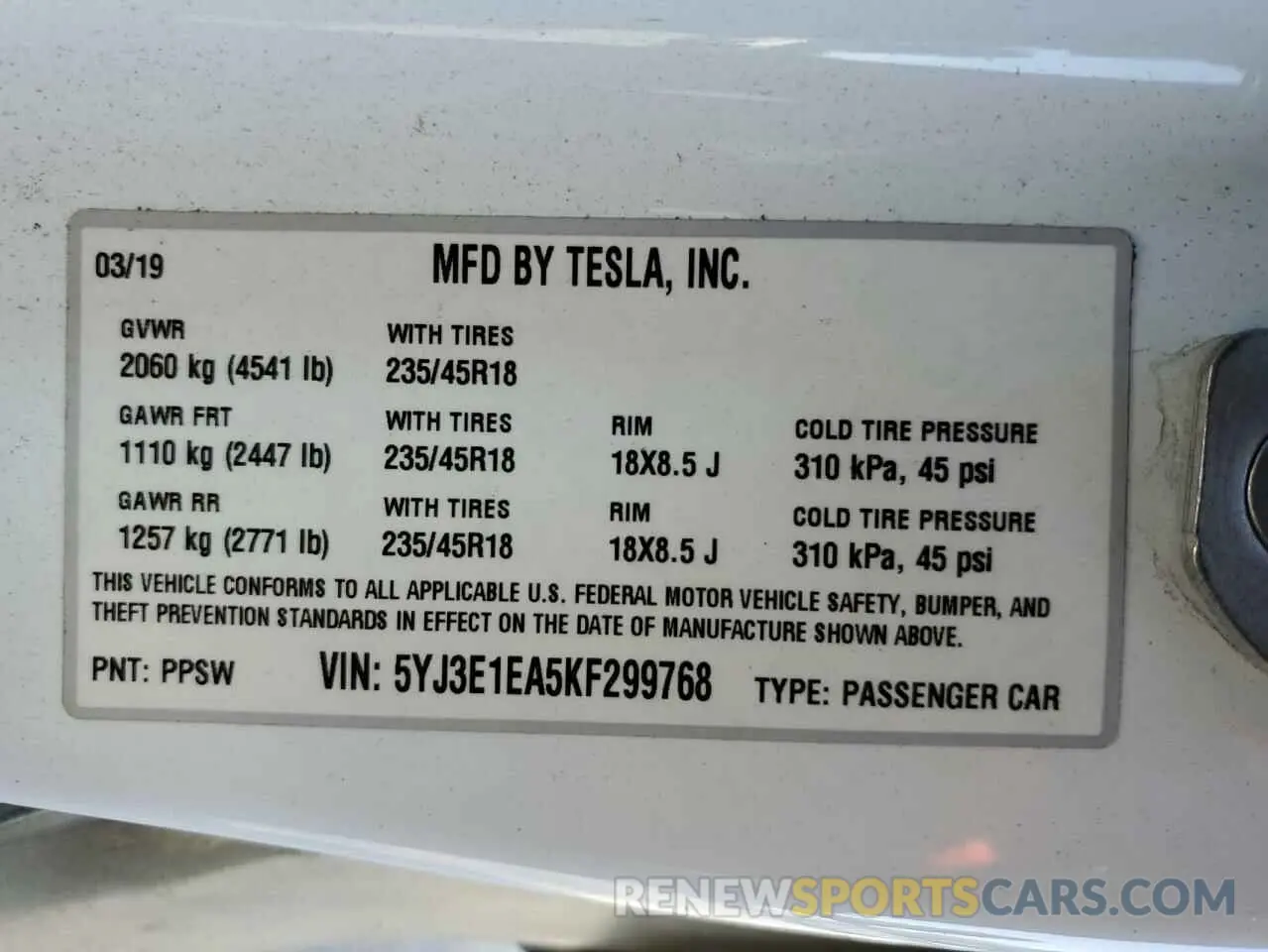 15 Photograph of a damaged car 5YJ3E1EA5KF299768 TESLA MODEL 3 2019