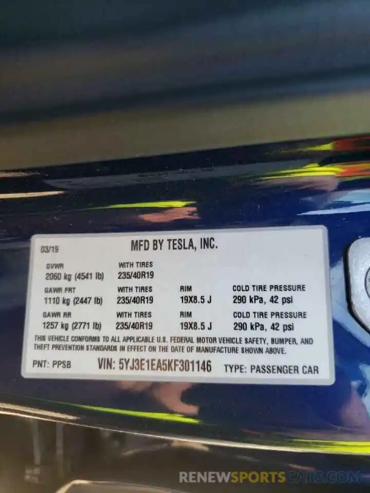 10 Photograph of a damaged car 5YJ3E1EA5KF301146 TESLA MODEL 3 2019