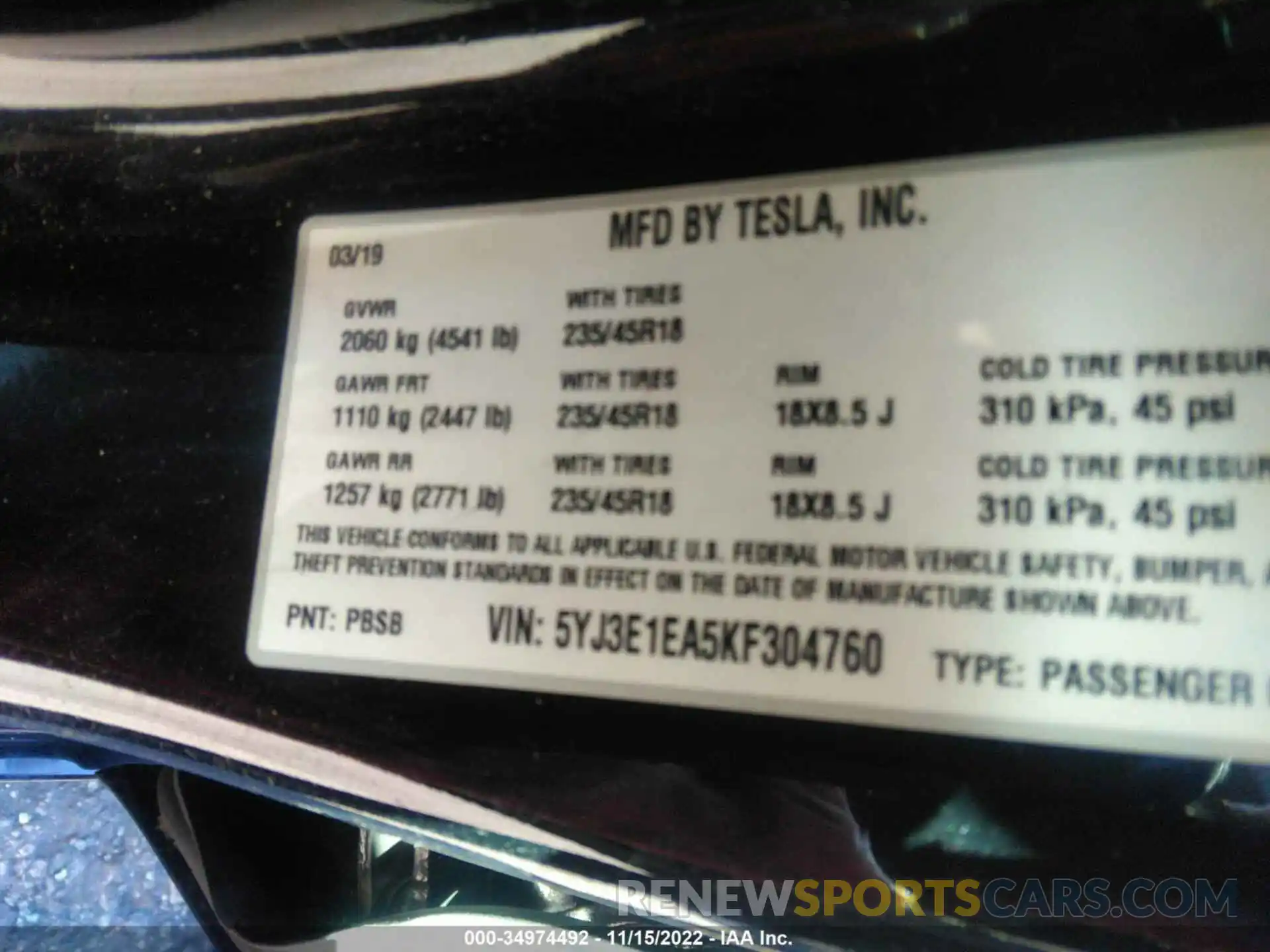 9 Photograph of a damaged car 5YJ3E1EA5KF304760 TESLA MODEL 3 2019