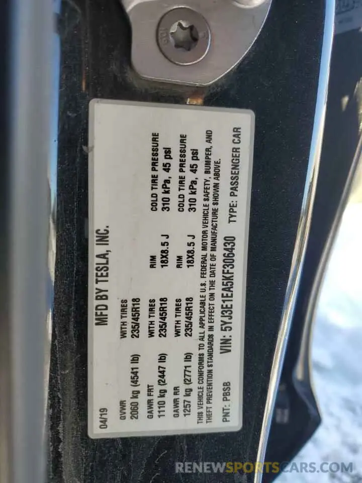 12 Photograph of a damaged car 5YJ3E1EA5KF306430 TESLA MODEL 3 2019