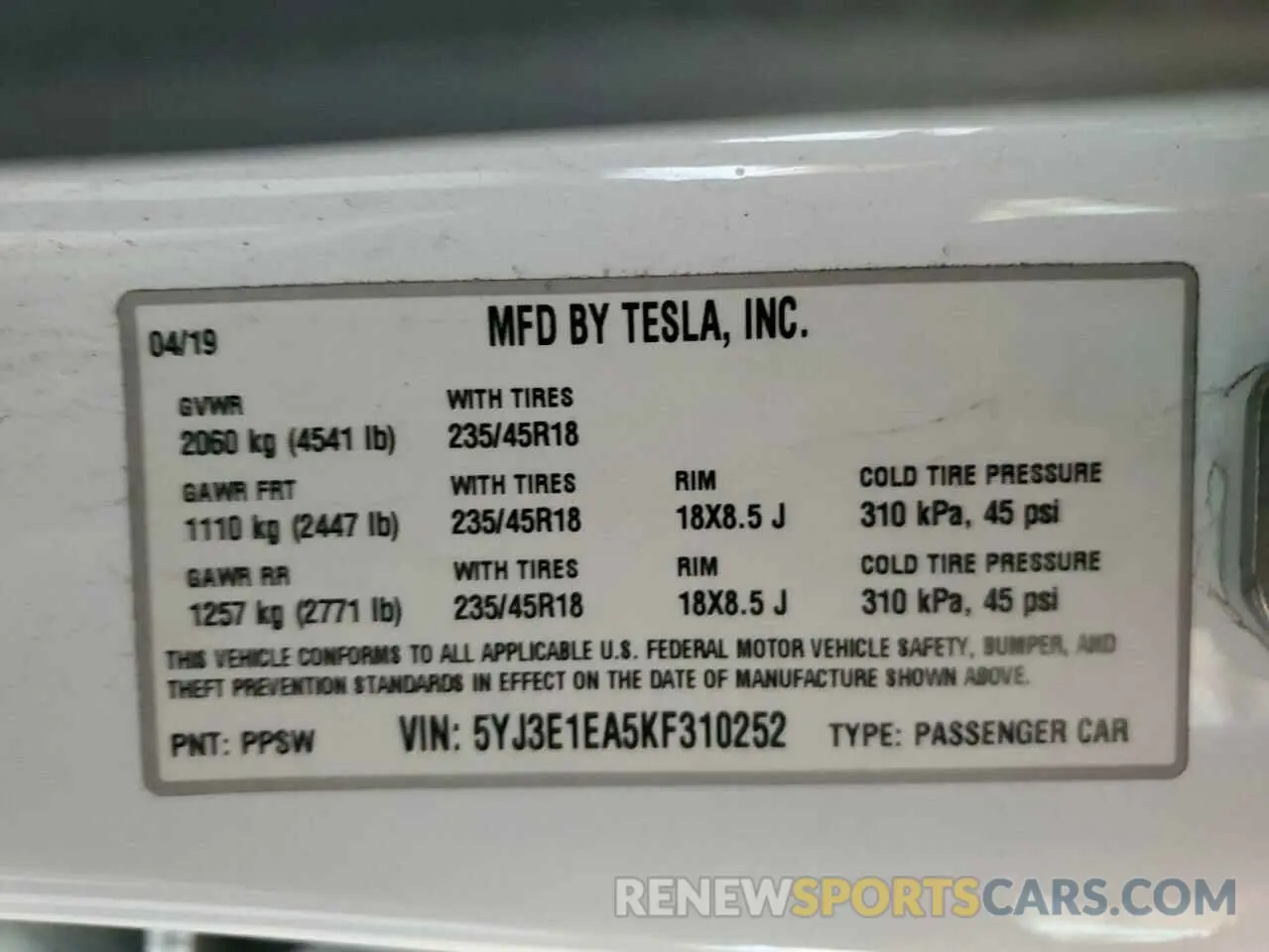 12 Photograph of a damaged car 5YJ3E1EA5KF310252 TESLA MODEL 3 2019