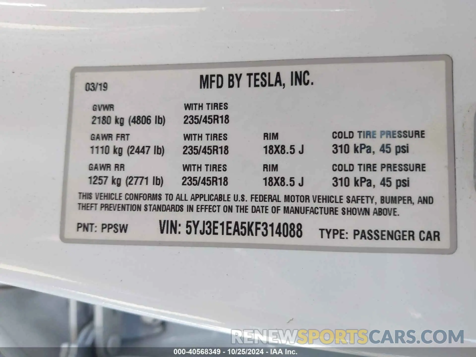 9 Photograph of a damaged car 5YJ3E1EA5KF314088 TESLA MODEL 3 2019