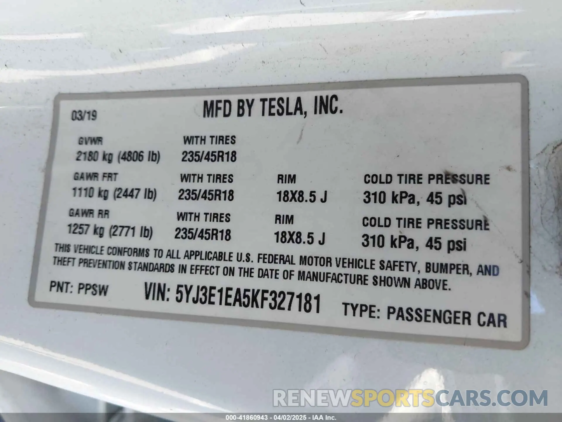 9 Photograph of a damaged car 5YJ3E1EA5KF327181 TESLA MODEL 3 2019