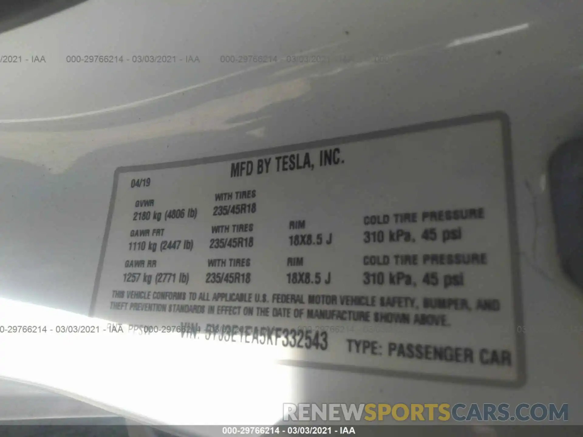 9 Photograph of a damaged car 5YJ3E1EA5KF332543 TESLA MODEL 3 2019