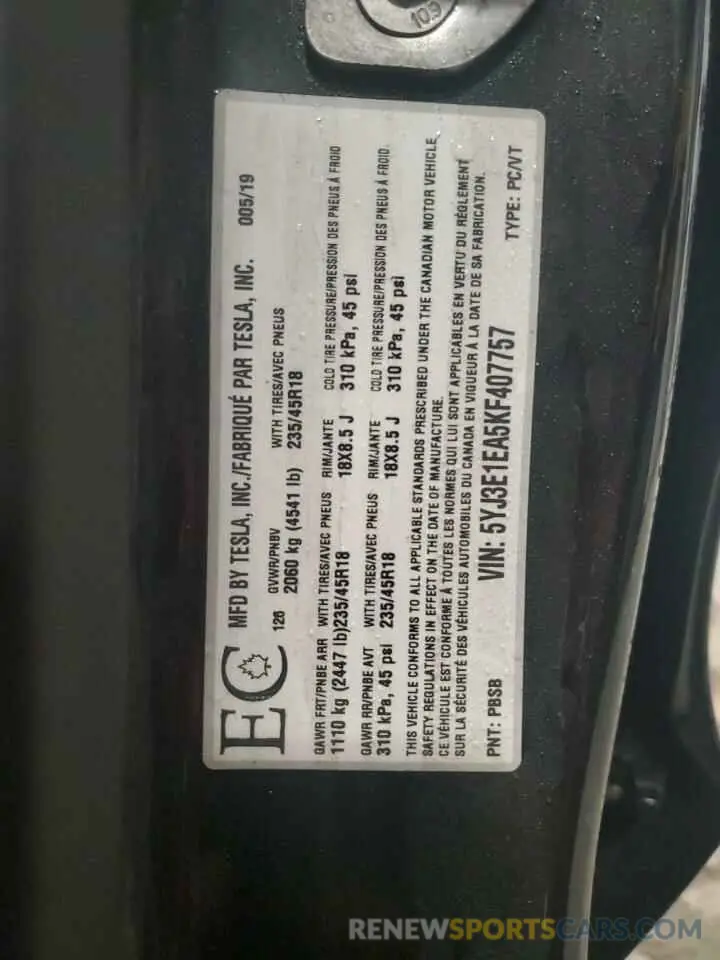 12 Photograph of a damaged car 5YJ3E1EA5KF407757 TESLA MODEL 3 2019