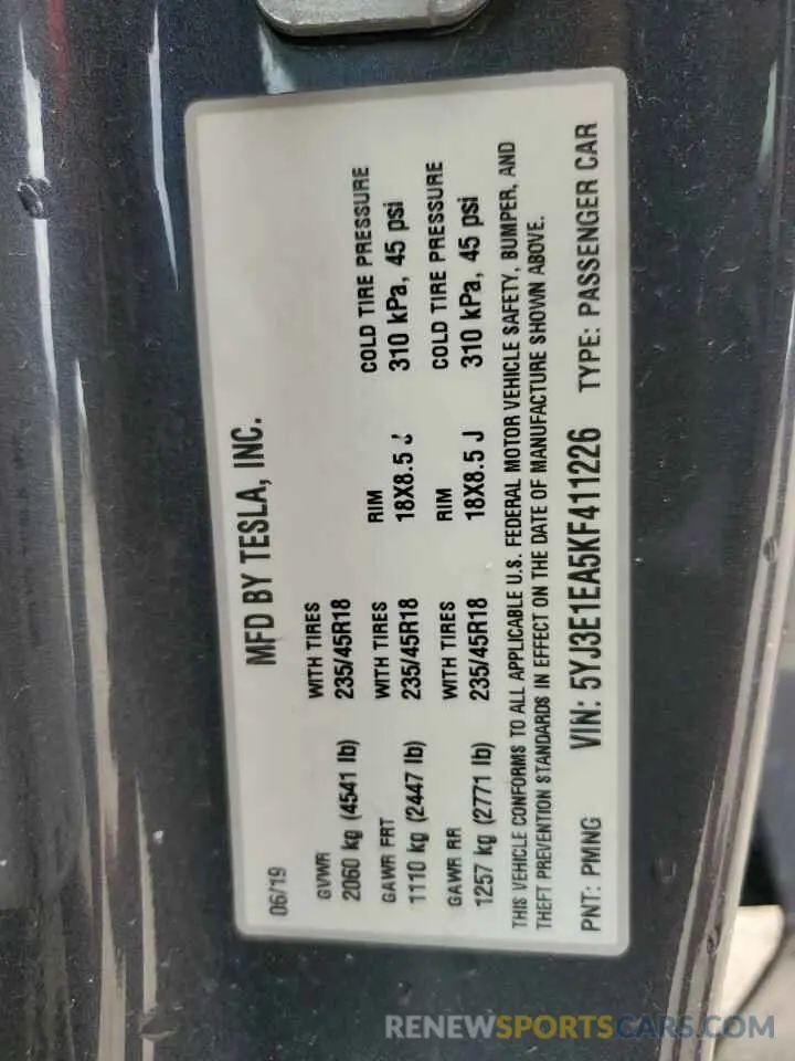 13 Photograph of a damaged car 5YJ3E1EA5KF411226 TESLA MODEL 3 2019