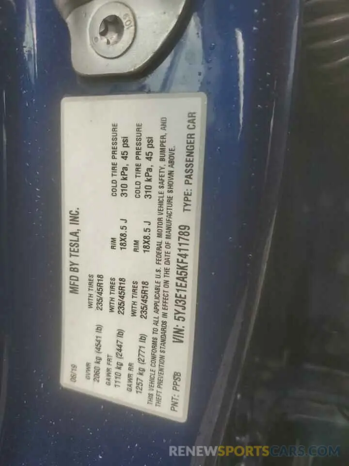 12 Photograph of a damaged car 5YJ3E1EA5KF411789 TESLA MODEL 3 2019