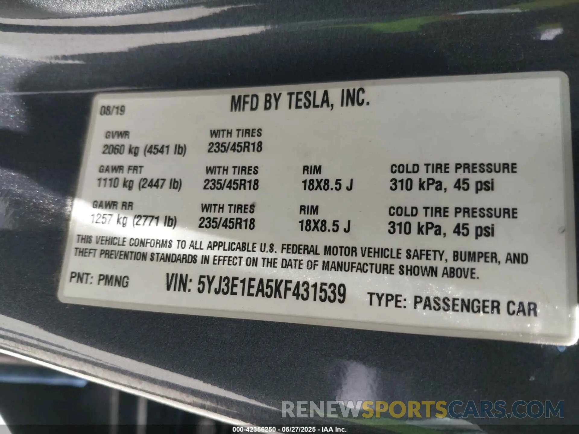 9 Photograph of a damaged car 5YJ3E1EA5KF431539 TESLA MODEL 3 2019
