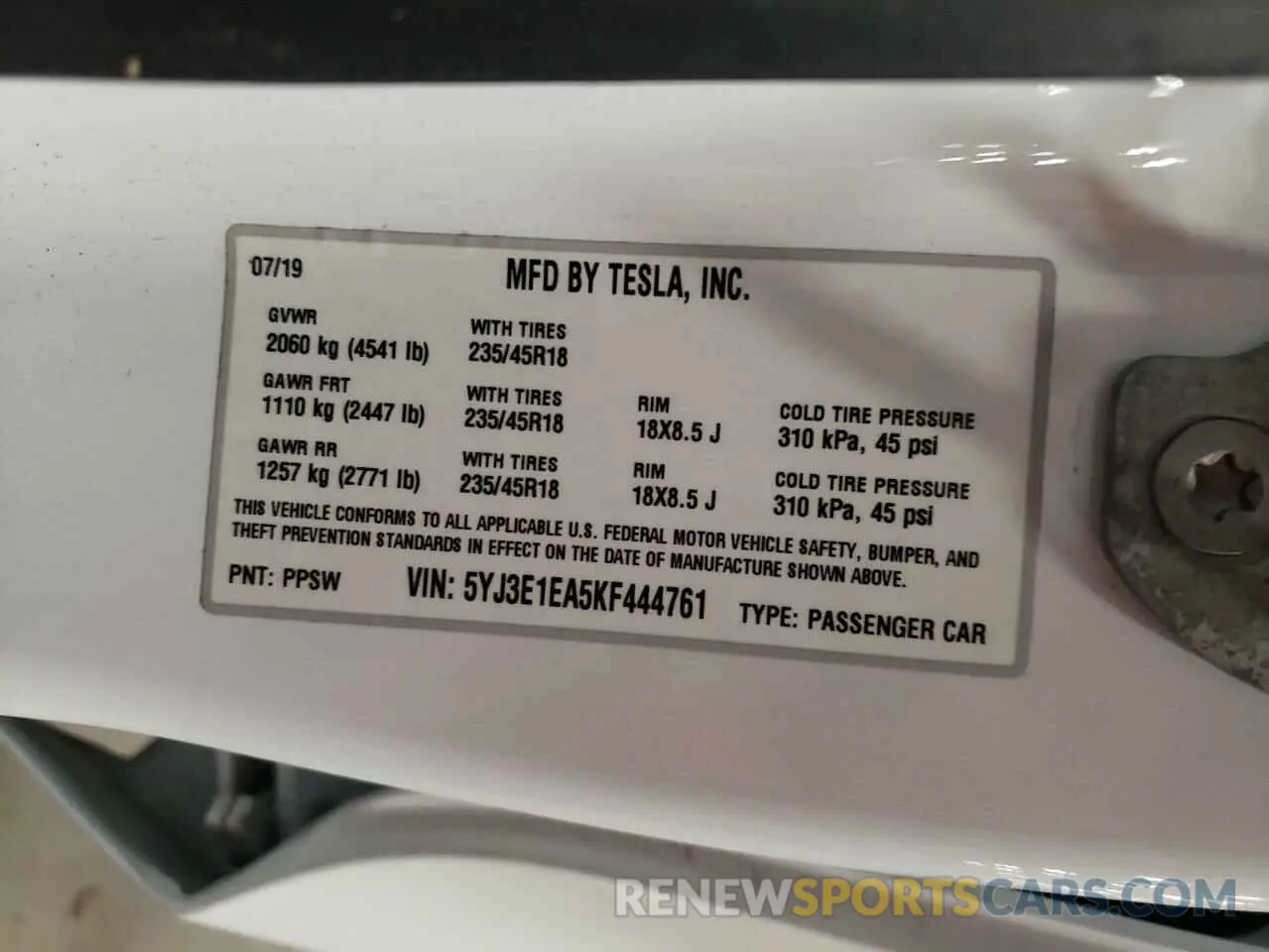 13 Photograph of a damaged car 5YJ3E1EA5KF444761 TESLA MODEL 3 2019