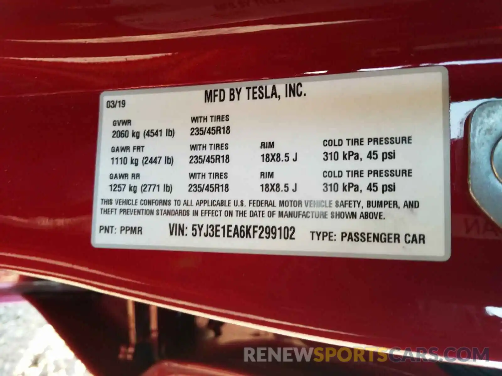 10 Photograph of a damaged car 5YJ3E1EA6KF299102 TESLA MODEL 3 2019