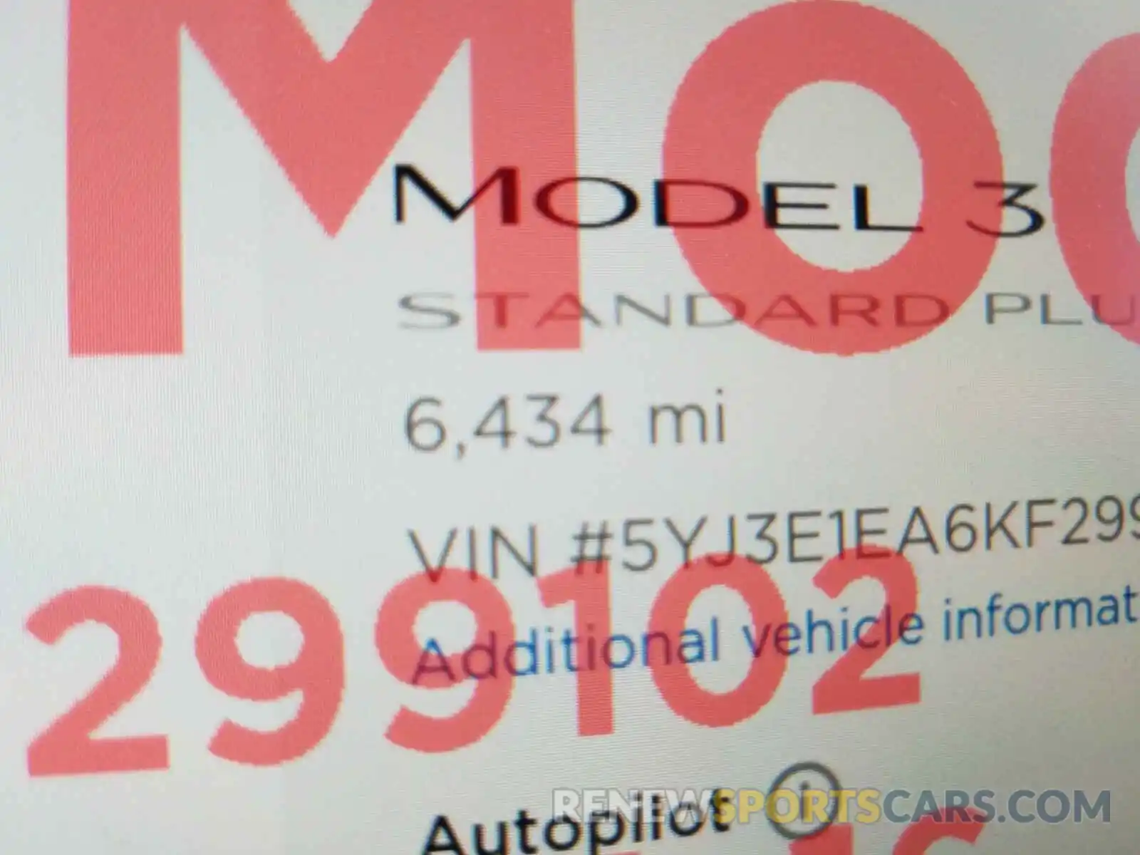 8 Photograph of a damaged car 5YJ3E1EA6KF299102 TESLA MODEL 3 2019