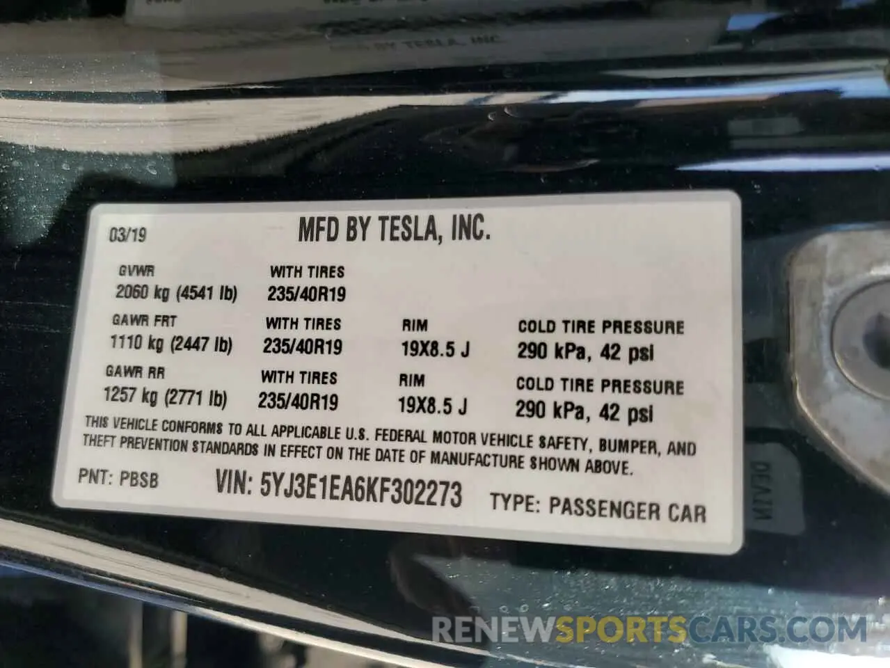 14 Photograph of a damaged car 5YJ3E1EA6KF302273 TESLA MODEL 3 2019