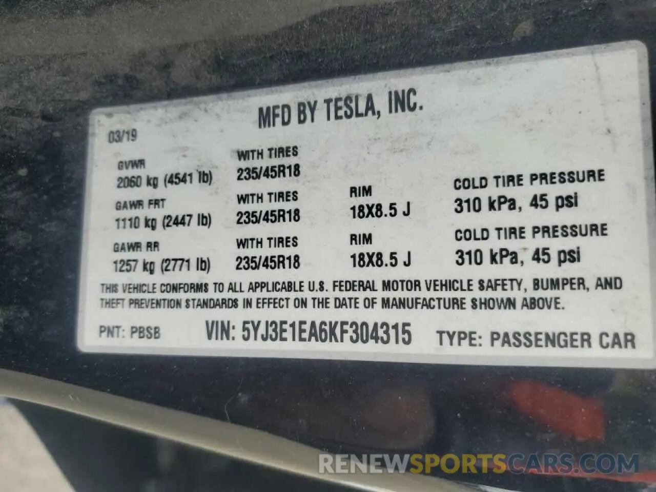 12 Photograph of a damaged car 5YJ3E1EA6KF304315 TESLA MODEL 3 2019