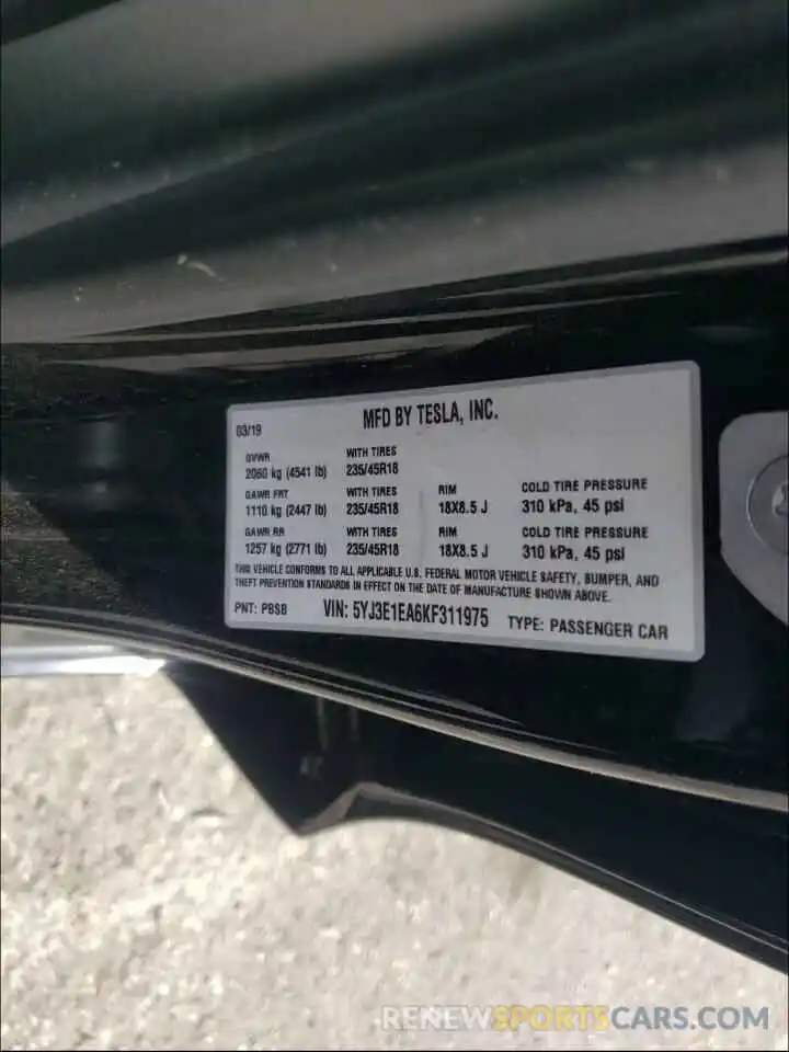 10 Photograph of a damaged car 5YJ3E1EA6KF311975 TESLA MODEL 3 2019