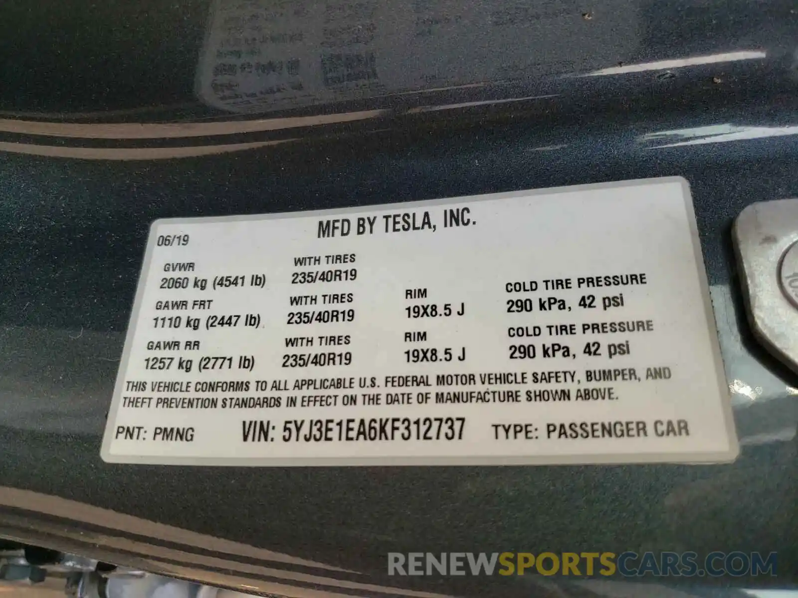 10 Photograph of a damaged car 5YJ3E1EA6KF312737 TESLA MODEL 3 2019