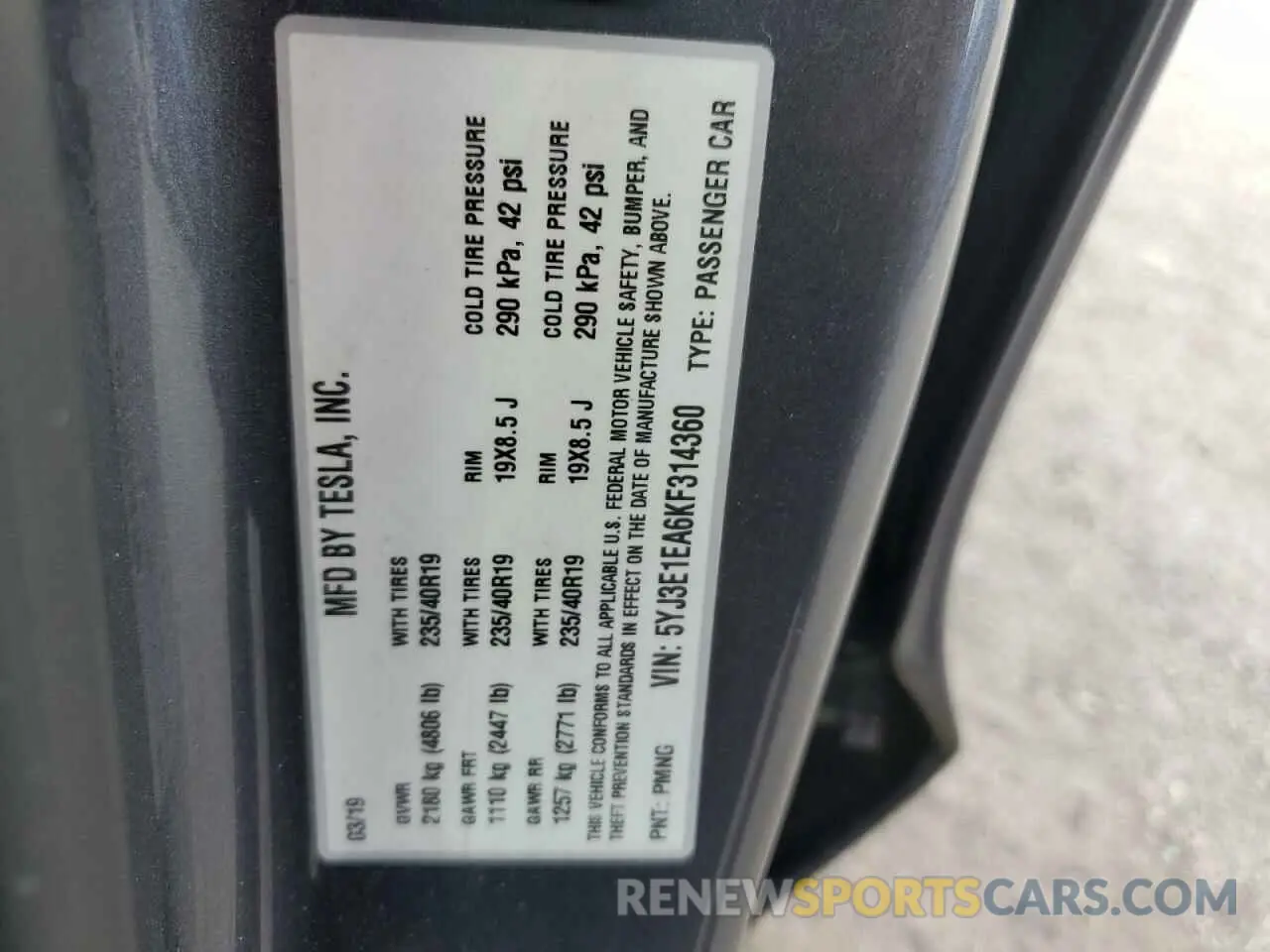12 Photograph of a damaged car 5YJ3E1EA6KF314360 TESLA MODEL 3 2019