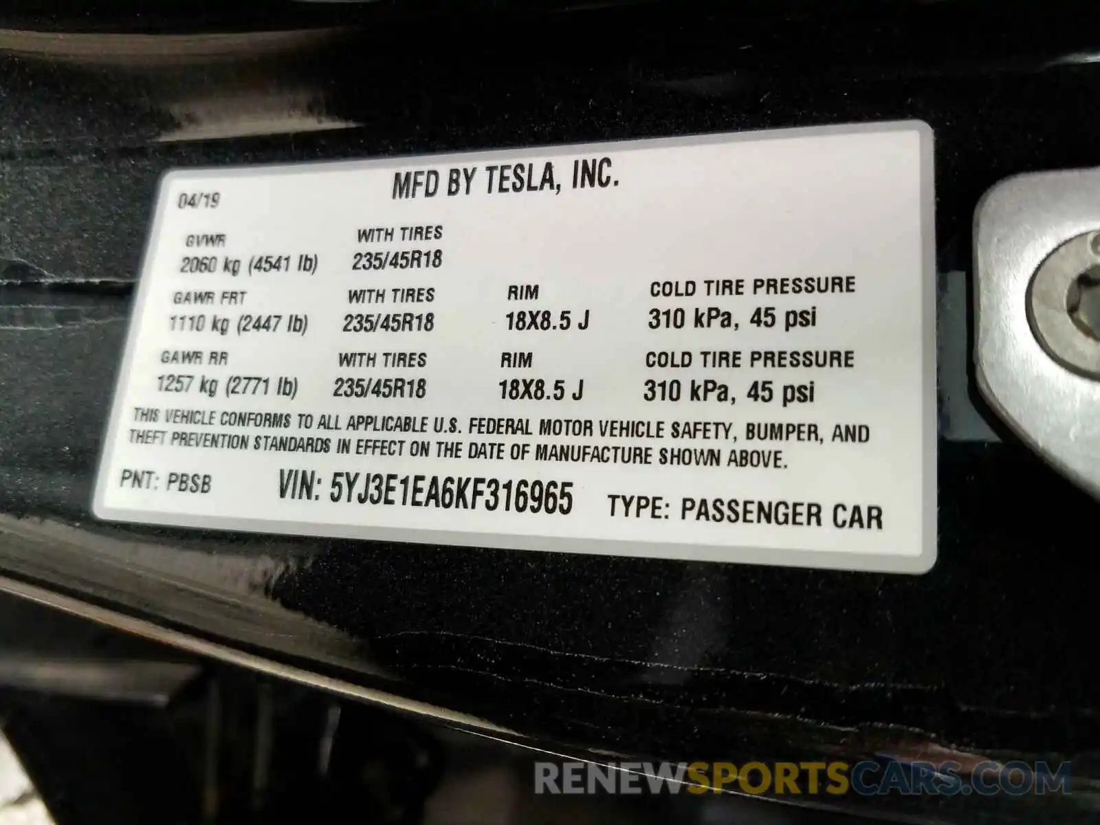 10 Photograph of a damaged car 5YJ3E1EA6KF316965 TESLA MODEL 3 2019