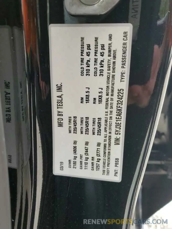 12 Photograph of a damaged car 5YJ3E1EA6KF324225 TESLA MODEL 3 2019