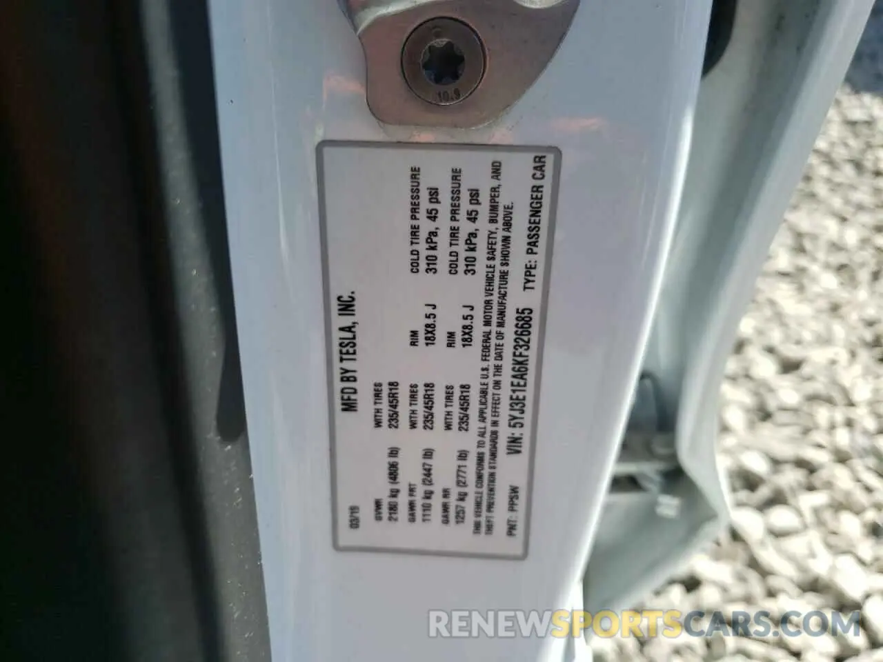 12 Photograph of a damaged car 5YJ3E1EA6KF326685 TESLA MODEL 3 2019