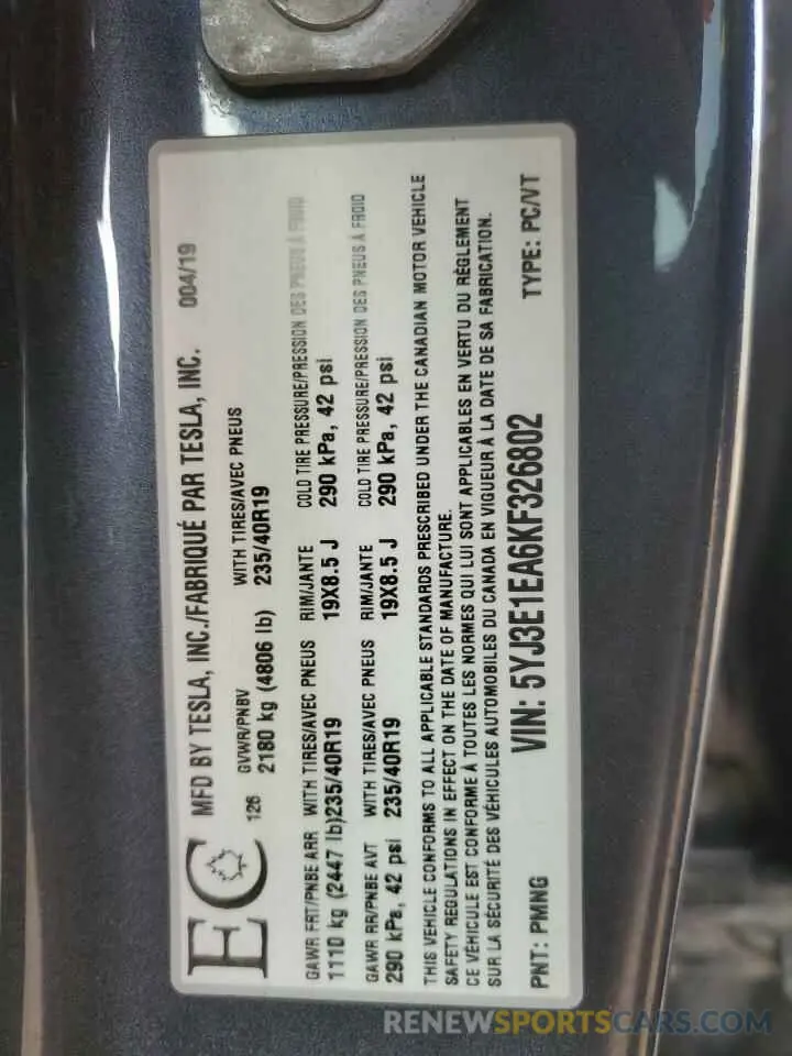 12 Photograph of a damaged car 5YJ3E1EA6KF326802 TESLA MODEL 3 2019