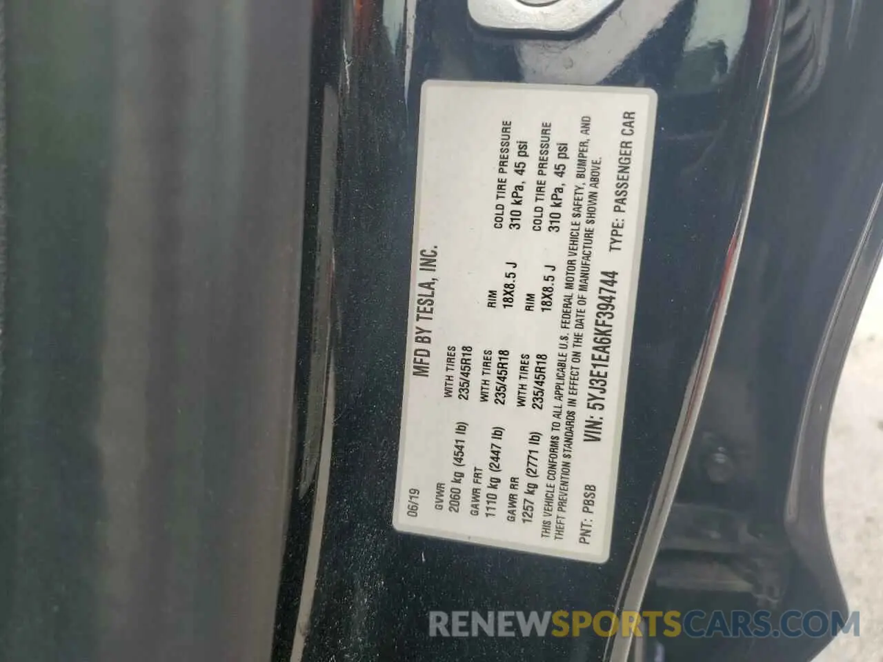 12 Photograph of a damaged car 5YJ3E1EA6KF394744 TESLA MODEL 3 2019